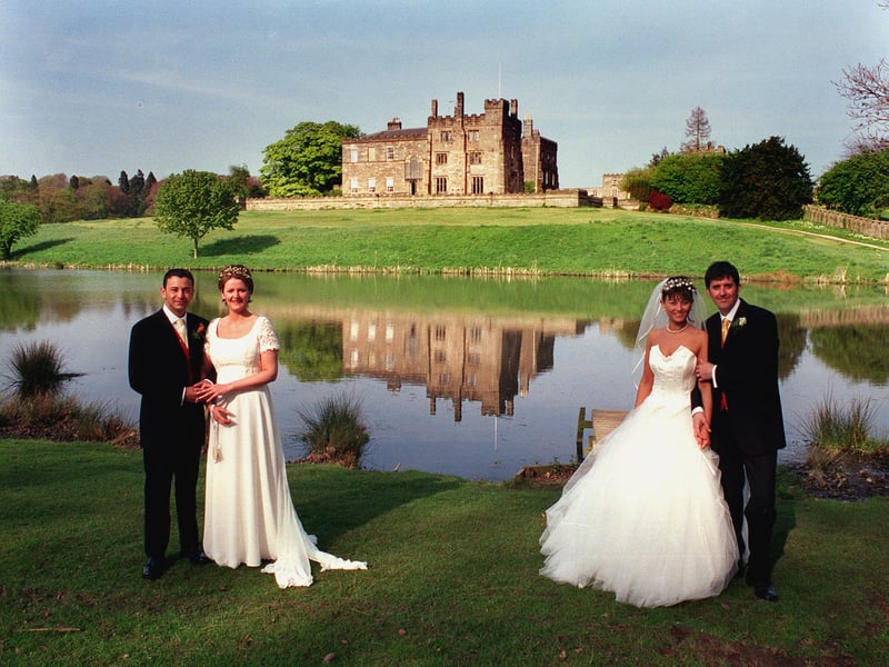 First double wedding  was held at  Ripley Castle in April 1999.  Picturedare  newly-weds  James Gumersell and his bride Lindsay Kidman, left, and David Wheatcroft and his bride Samantha Cook.