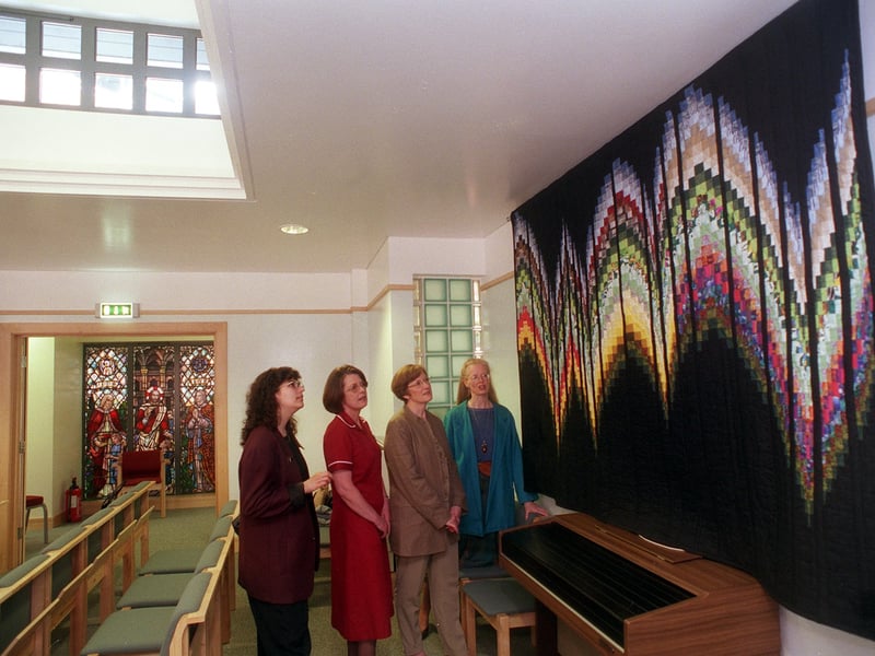 Members of the Harrogate Yank Quilters with their quilt that they presented to the Chapel at Harrogate District Hospital. Pictured in April 1999, from left, are Dawn Miller, Alex Roberts, Liz Burkinshaw and Linda White.