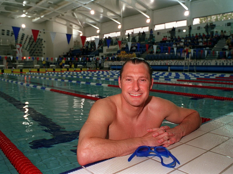 Olympic medallist Nick Gillingham after his 50 metre swim to mark the opening of The Hydro in April 1999.