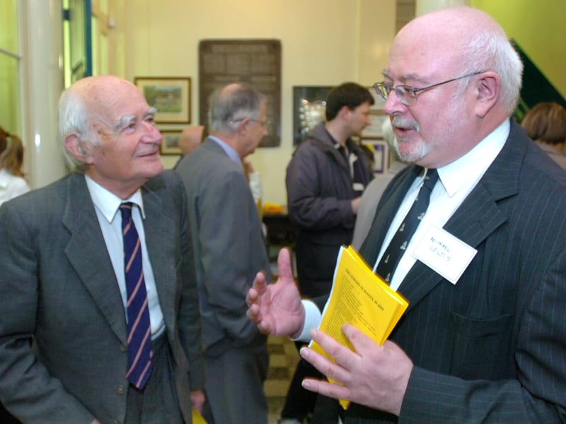 King Edward VIl School headteacher Michael Lewis pictured with the former deputy headteacher Arthur Jackson (1959-81) at a reunion to celebrate 150 years of the school in 2005