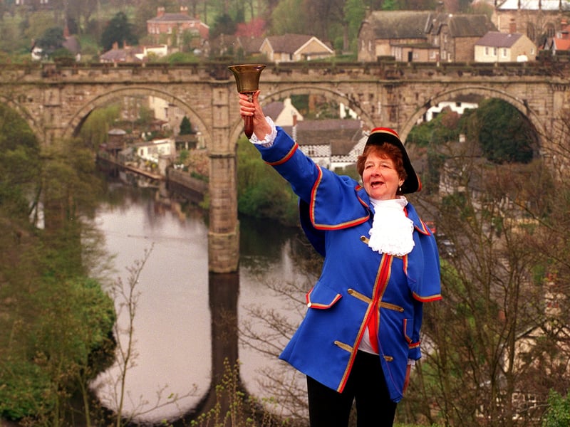 Town crier Nancy Buckle makes her debut by the Knaresborough Castle overlooking the River Nidd in April 1998.