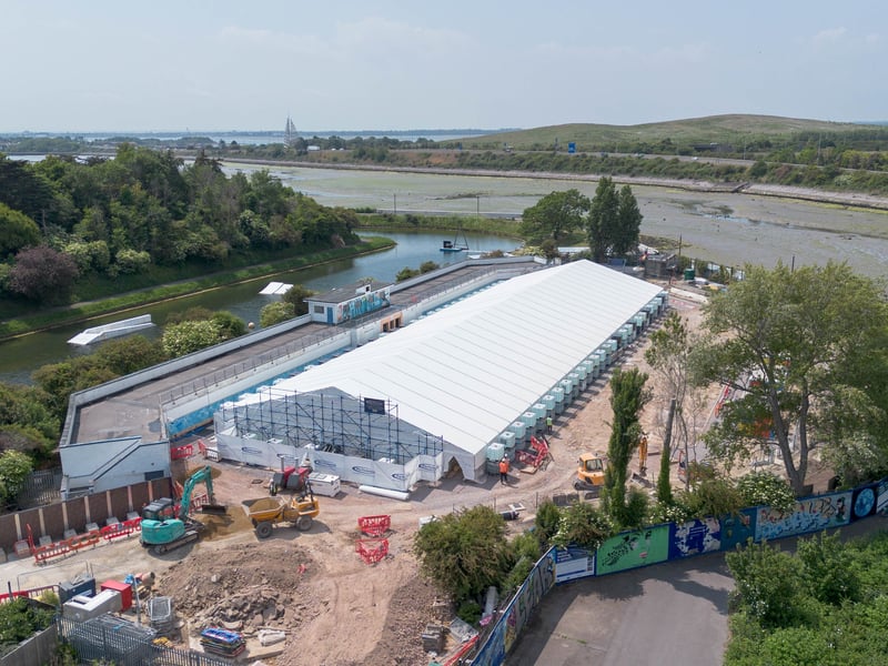 A large protective tent has been constructed over the outdoor pool as contractors complete crucial rendering at the Hilsea Lido restoration project. 

Picture: IslandCity.UK