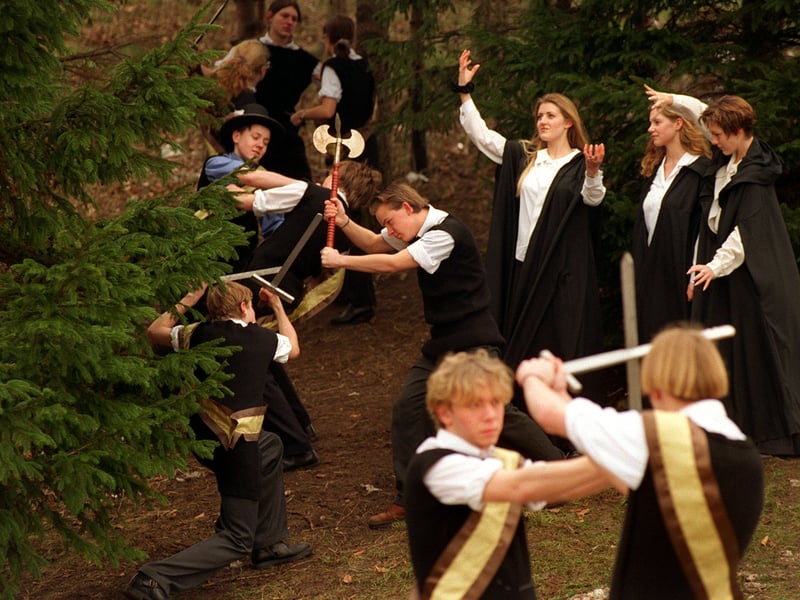 February 1996 and pupils from King James School in a scene from Macbeth which they were producing and performing.