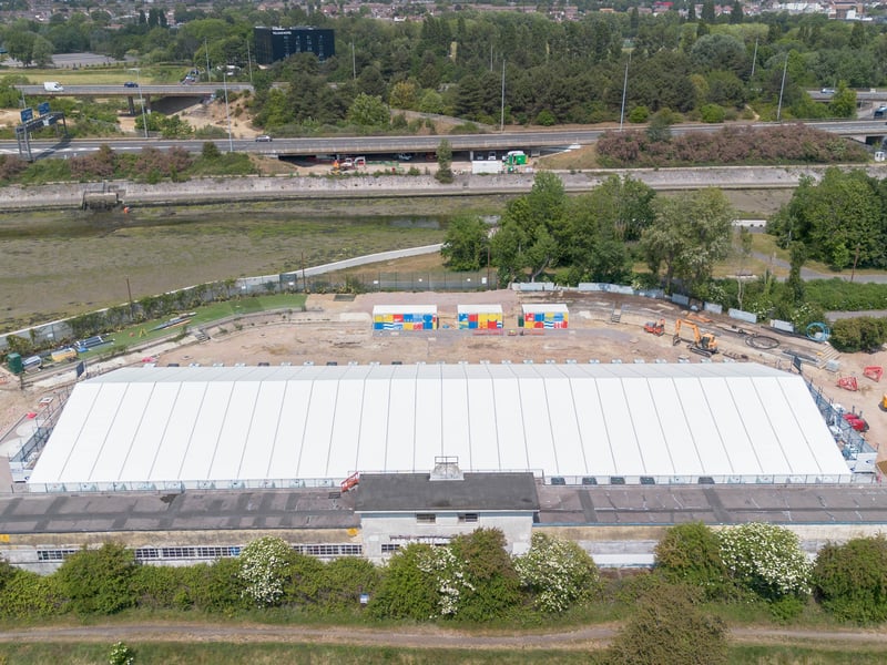 A large protective tent has been constructed over the outdoor pool as contractors complete crucial rendering at the Hilsea Lido restoration project. 

Picture: IslandCity.UK