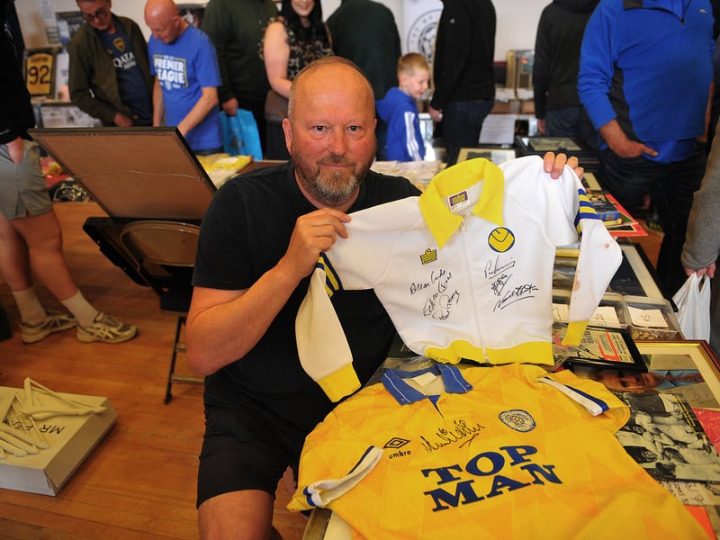 Mark Whelen, of The Gelderd End.com, with his signed 74 Admiral shirt and a 74 shirt signed by Howard Wilkinson.