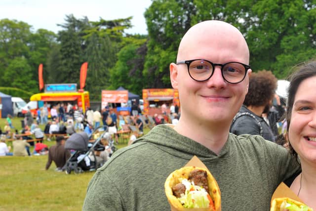 Peter Dunne and Alex Dodd ready to tuck in at the Great British Food Festival.