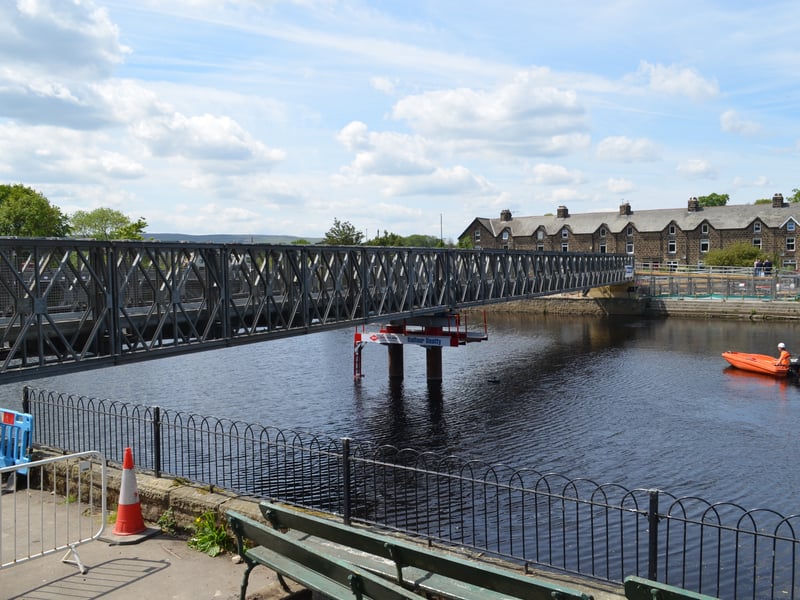Still to come: Work continues on the footway at Otley Bridge, which carries traffic over the River Wharfe, which is being demolished and replaced after it fell into disrepair. A temporary footbridge, which was installed after the controversial felling of an ancient oak tree, will remain in place for the duration of the works.
