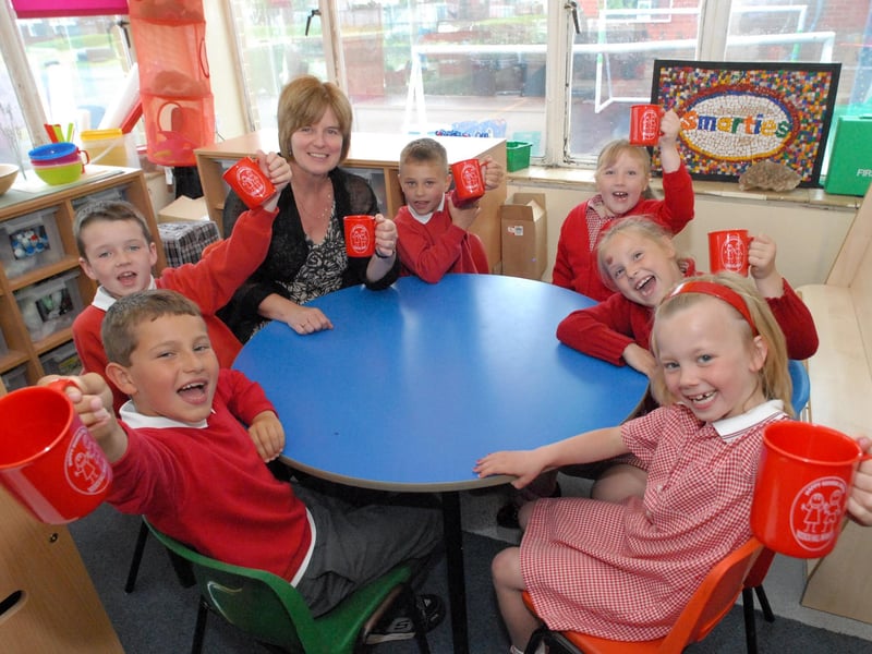 Taking you back to 2009 for this view of head teacher Myra Edwards with some of her pupils.