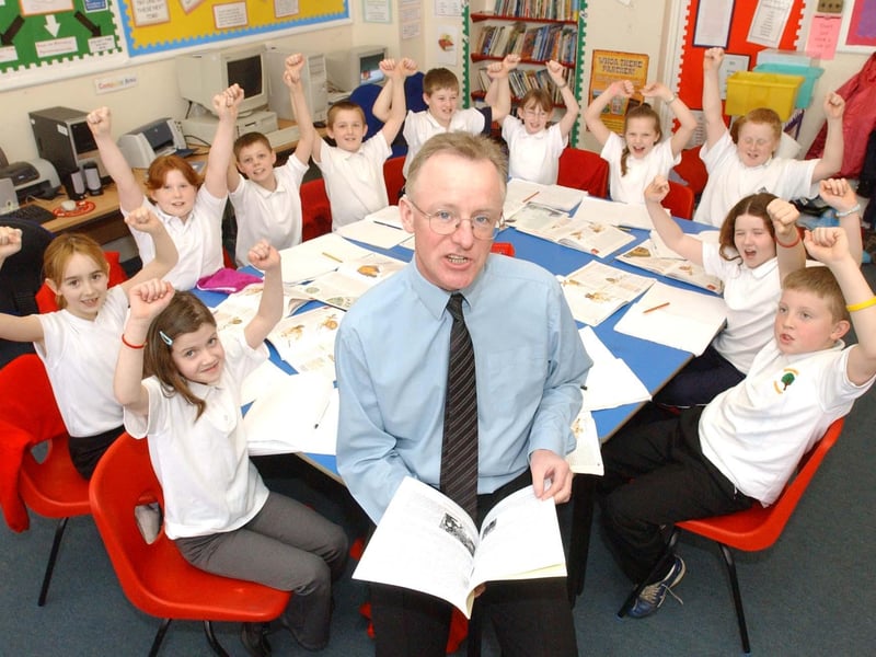 Les McEnaney and his hard working pupils were happy to pose for this heartwarming photo at Bedewell Primary School in February 2005.