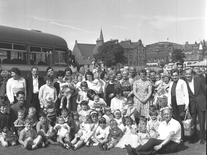 A coach party of visitors from Grangemouth at the Burntisland Games in July 1966