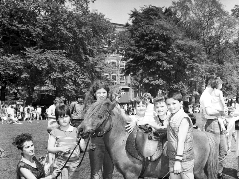 Nanoushka provides pony rides for children at The Meadows Festival in Edinburgh, in June 1985
