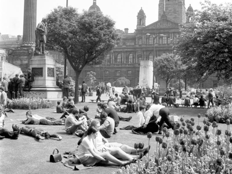 Sunbathing office workers relax in the summer sunshine in George Square, Glasgow, in June 1969