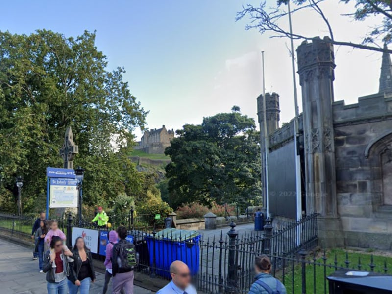 That great view of Edinburgh Castle in episode one is taken from St John's Churchyard, at the west end of Princes Street in the city centre.