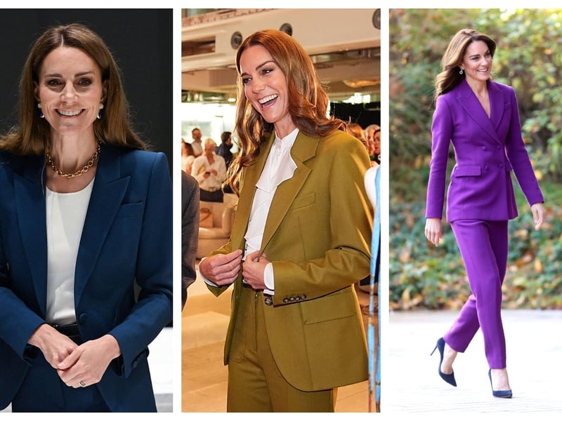 From left to right: Catherine, Princess of Wales in Alexander McQueen, Victoria Beckham and Emilia Wickstead