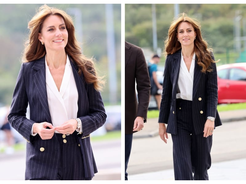 When she visited Cardiff in October 2023, Catherine, Princess of Wales, opted for a chic striped trouser suit by Holland Cooper