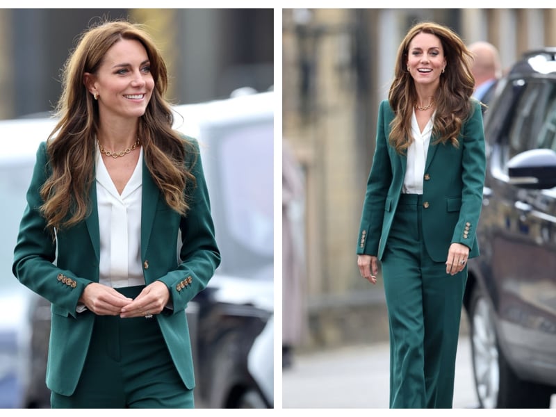 For a visit to AW Hainsworth in September 2023, Catherine, Princess of Wales chose a forest green Burberry wide-leg trouser suit