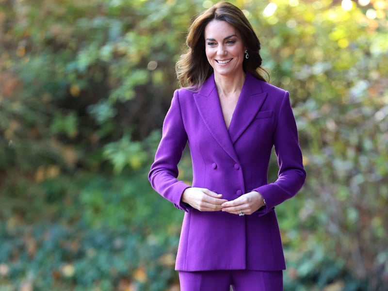 Catherine, Princess of Wales, chose a vibrant purple trouser suit by Emilia Wickstead for the Shaping Us National Symposium