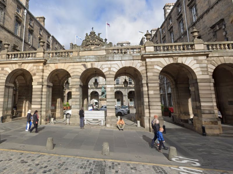 When you see the characters leaving court, it's the entrance of Edinburgh City Chambers you see. The eye-catching building is on the city's bustling Royal Mile, meaning filming had to be done at weekends and quieter times.