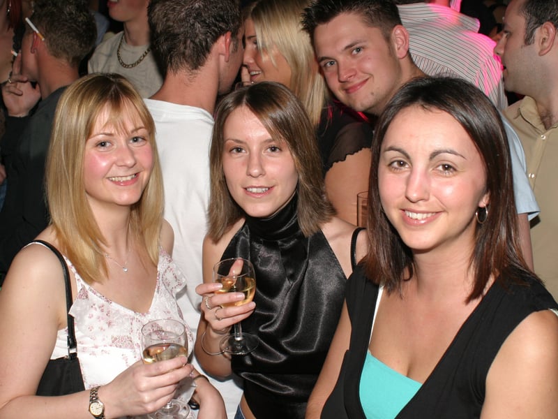 Jo, Emma and Vicky at Varsity, on West Street, Sheffield, in 2004