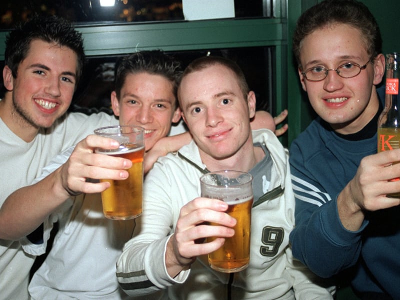 Nick Ballard, Steven McGeagh, Philip Roberts and Matt Kuhne at Varsity bar, West Street, Sheffield, in 2003