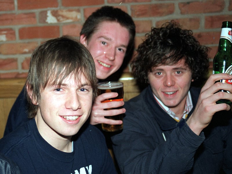 Tom Copping, Chris Coux, Martin Brown and Milo Steelfox at Varsity bar, West Street, Sheffield, in 2003