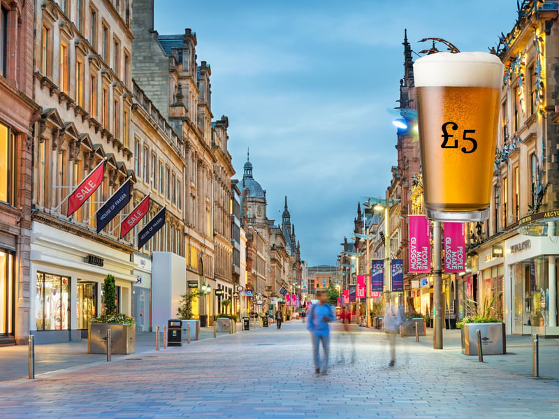 Scotland's biggest city isn't too far behind the Capital when it comes to pub prices - expect to pay an average of £5 a pint in Glasgow.