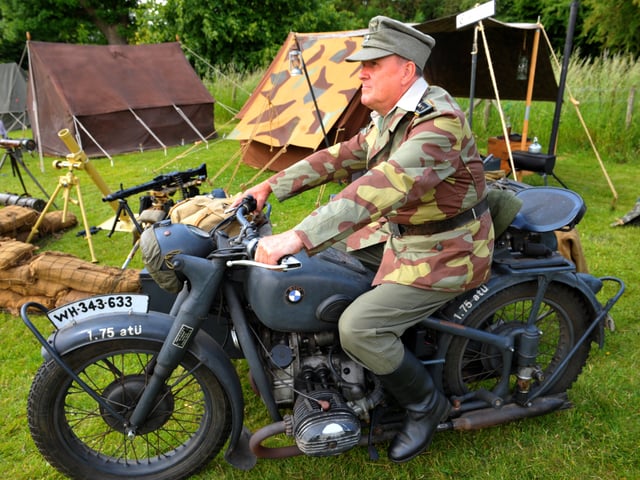 Simon Ritchie of Richman of the 11th Panzer "Ghost Division" on an original R71 sidecar.
