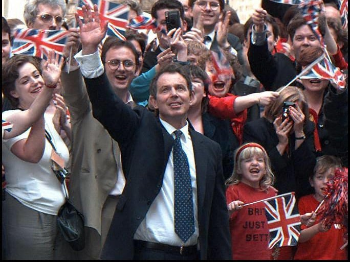 Tony Blair's New Labour stormed to a huge victory in May 1997, to the soundtrack of D:Ream's Things Can Only Get Better, ending 18 years of Tory rule. Blair presided over the flag-waving era of Cool Britannia, modelling himself as a man of the people and courting celebrities including Noel Gallagher. He was hugely popular at first and remained in the hot seat for 10 years, but his legacy was tarnished in many people's eyes by the Iraq war.