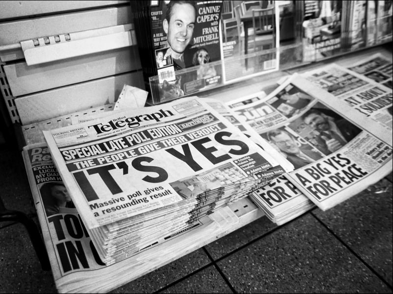 The Good Friday Agreement was signed on April 10, 1998 and, after being put to a public vote, came into effect on December 2, 1999. This photo shows the front pages after people had voted in favour of the pact, drawn up to bring peace after three decades of violence which claimed more than 3,500 lives.