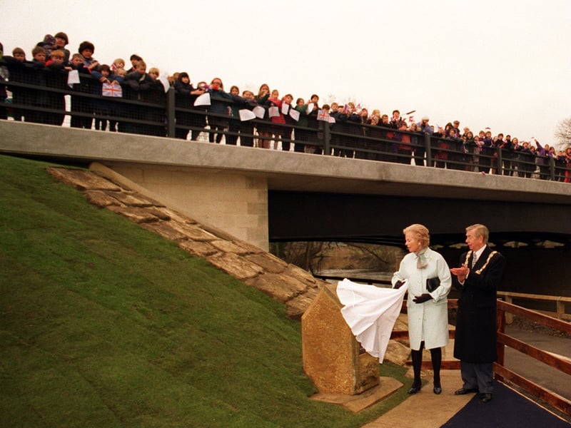 HRH The Duchess of Kent unveils a plaque to officially open the Duchess of Kent Bridge on the Ripon bypass in March 1996. She is watched by Coun John Clout, chairman of North Yorkshire County Council.