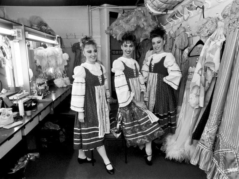 Three dancers from Mother Goose, the King's theatre's New Year pantomime, backstage in their dressing rooms, January 1989.