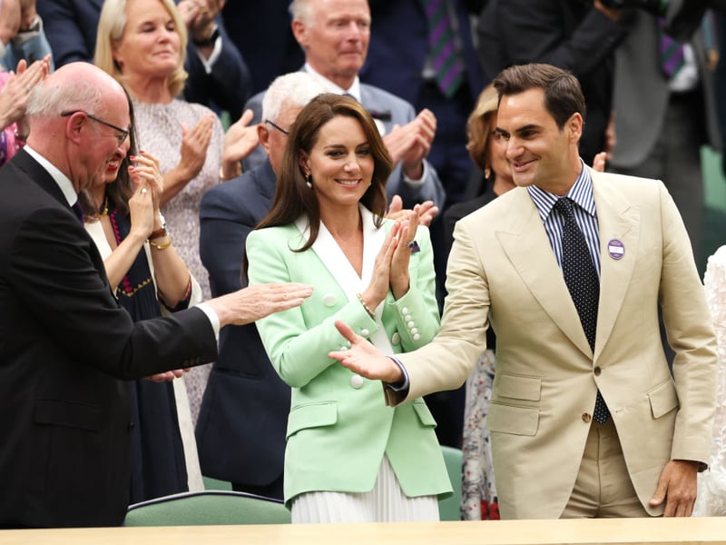 Catherine, Princess of Wales opted for a mint Balmain blazer and white skirt for another visit to Wimbledon in 2023