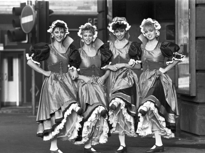 Four girls from the chorus line of 'Robin Hood and The Babes in the Wood' pantomime, which was playing the King's theatre in Edinburgh, December 1989. Left to right:  Fiona Laird, Julie Ann Murray, Phyllis Hutchison, Roberta Moir.