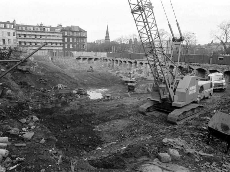 A crane and heavy plant at Edinburgh's notorious Castle Terrace gap site in March 1989, beginning the construction of a  £35 million office and theatre complex, now Saltire Court and the Traverse Theatre.
