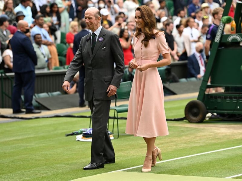 For the men's Wimbledon singles final in 2021, the then Duchess of Cambridge wore a pretty pink Beulah dress