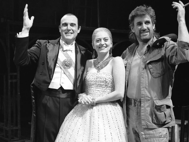 Michael Bauer as Peron, Tessa Pritchard as Eva Peron and Peter Karrie as Che in the Tim Rice/Andrew Lloyd Webber musical Evita, at the King's theatre in Edinburgh, March 1988.