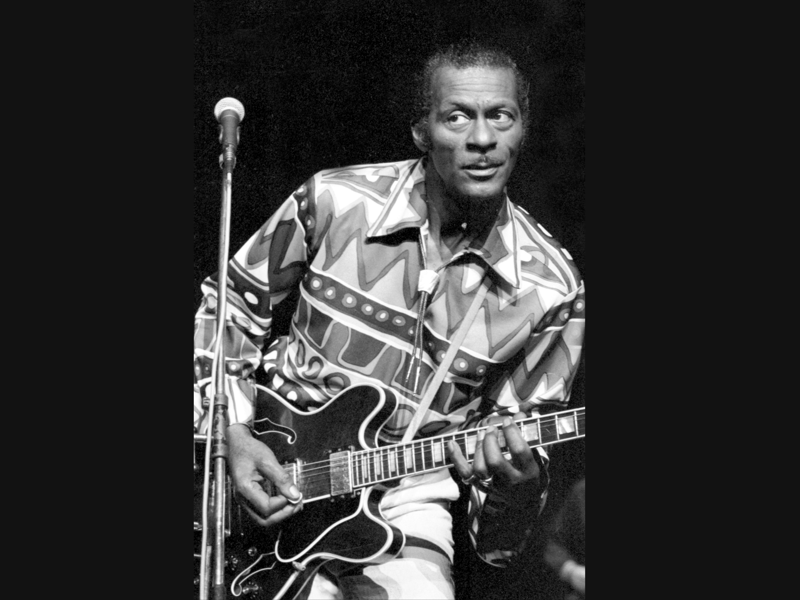 American singer/songwriter/musician Chuck Berry performing on stage at the Playhouse theatre in Edinburgh, February 1988.