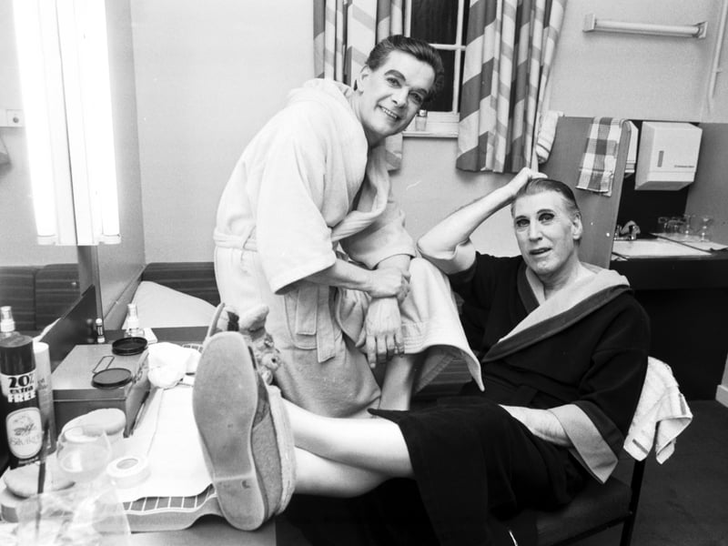 Scottish actors/comedians Walter Carr and Rikki Fulton backstage during a run of the 'Goodnight Cinders' pantomime at the Kings Theatre in Edinburgh 1987.