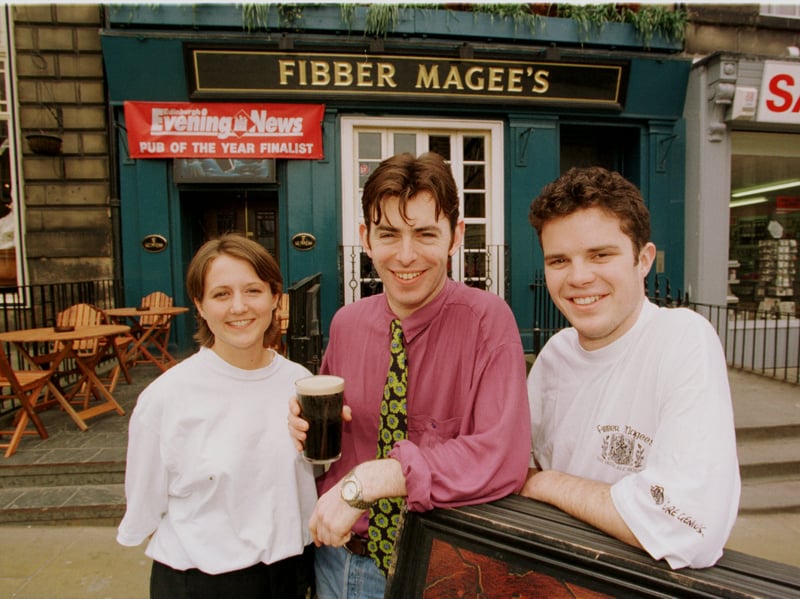 Manager Iain Fisher (centre) with bar staff Nadine Dowd and Nigel Calvert outside Fibber Magee's, Edinburgh, in 1997, when it was crowned the Evening News Pub Of The Year