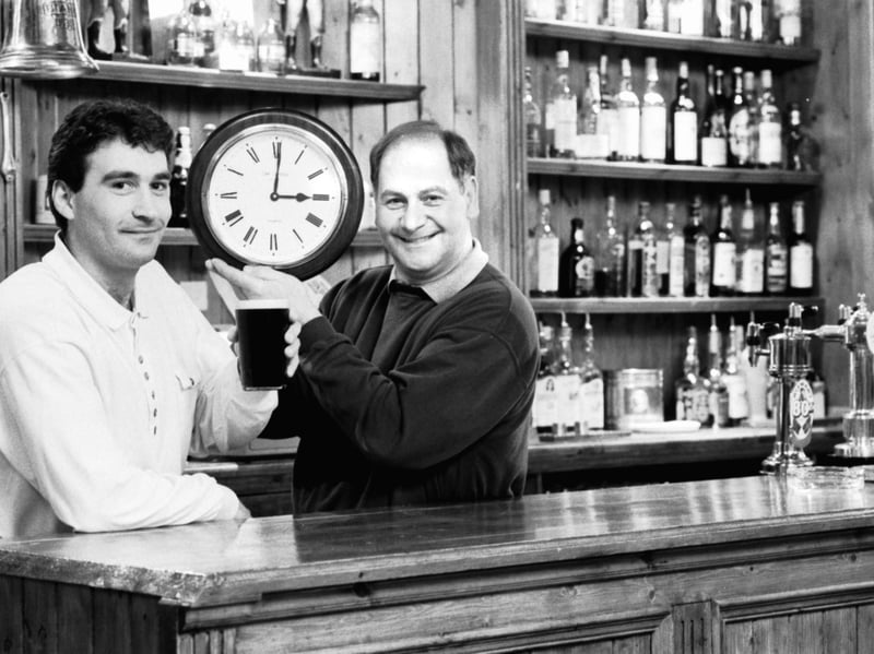 Manager Ernest DiCiacca and licensee Bert d'Agostino pictured at Bertie's Bar in March 1993, celebrating the fact it is the only Edinburgh pub to open until 3am
