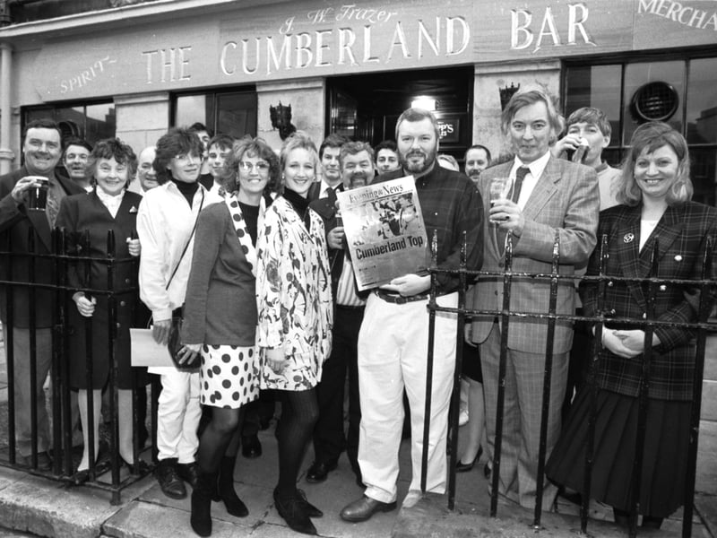 Some of his regulars with proprietor Ian Whyte as The Cumberland Bar receives the Evening News Pub of the Year Award 1992 from Hamish Coghill (second right) in April 1993