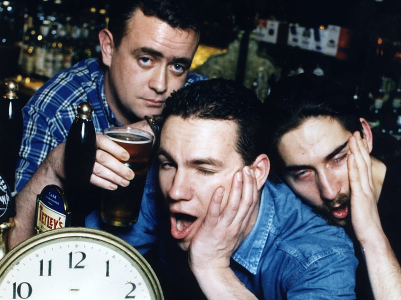 Barmen Mike Toner, Fraser Mackay and Jake Krangel pictured in 1997 at the Nobles bar on Constitution Street in Leith, where the McEwans TV advert, in which they starred, was filmed