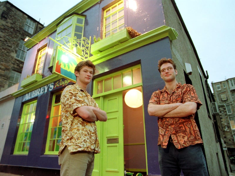 Manager Josh Tetley (right) and assistant manager Rory Fyfe outside Aubrey's Ragga Bar, Jamaica Street, Edinburgh, in January 1999