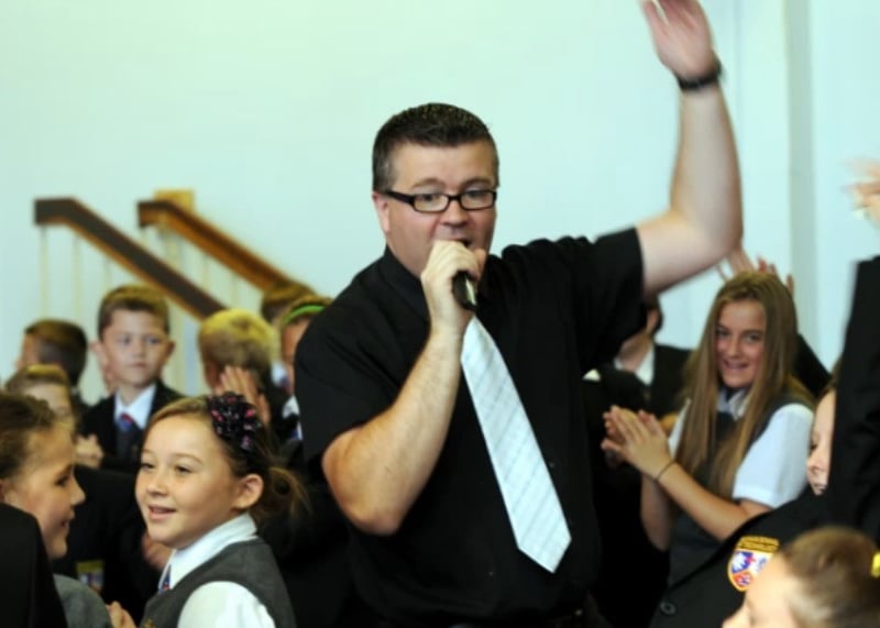 Schoolteacher Barrie McDermid toured Wearside schools to spread musical messages about punctuation.
He was pictured at Seaham School of Technology but had also previously worked at Wellfield School in Wingate.
