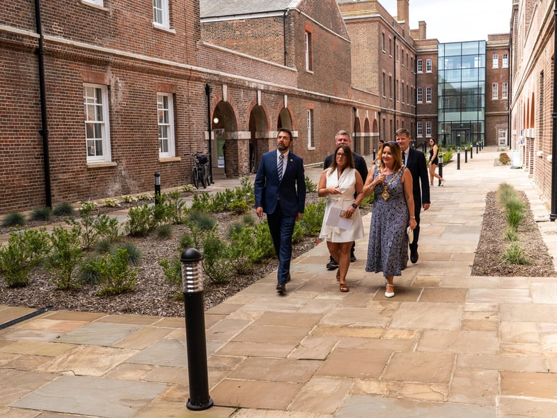 The mayor and co are being shown around during The Royal Haslar Waterfront Village open day. 

Pictured: John Doherty, Christie, Joe Heinz, Kirsten Bradley (Mayor), Jonathan Bradley

Picture: Alec Chapman