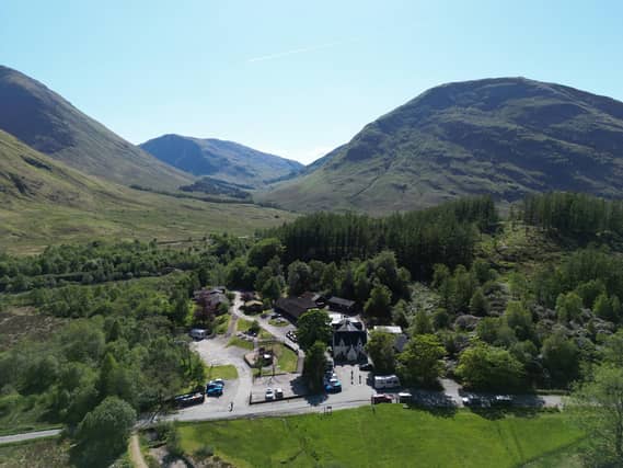 An aerial view towards the Clachaig Inn, which has been put on the market, alongside The Grog & Gruel, for £4.5 million