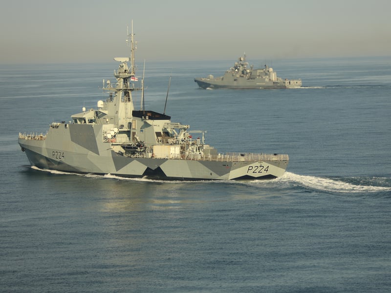 HMS Trent tracks the Russian frigate Admiral Grigorovich.