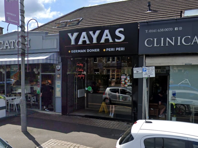 YAYAS have three takeaways in and around Glasgow - on Paisley Road West, the St Enoch Centre and Giffnock. They specialise in "gourmet German style doner kebabs, made with premium lean beef or chicken, served traditional hand made Turkish bread." and "flame grilled peri peri chicken with a option of six different flavours."