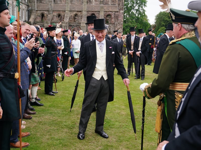 King Charles III during the Sovereign's Garden Party at the Palace of Holyroodhouse in Edinburgh.