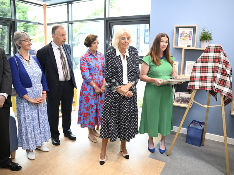 Queen Camilla (centre) officially opens Ratho Library in Newbridge, Edinburgh, celebrating a partnership with Edinburgh International Book Festival and Edinburgh City Libraries as part of her trip to Scotland for Holyrood Week.